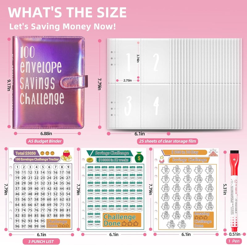 gusutide 100 Envelope Savings Challenge Binder, Money Saving Binder with Cash Envelopes, from 30 Days to 52 Weeks, to Save $500,$5,050 and $10,000, back to school supplies,gift for children (sparkling pink) - Image 2